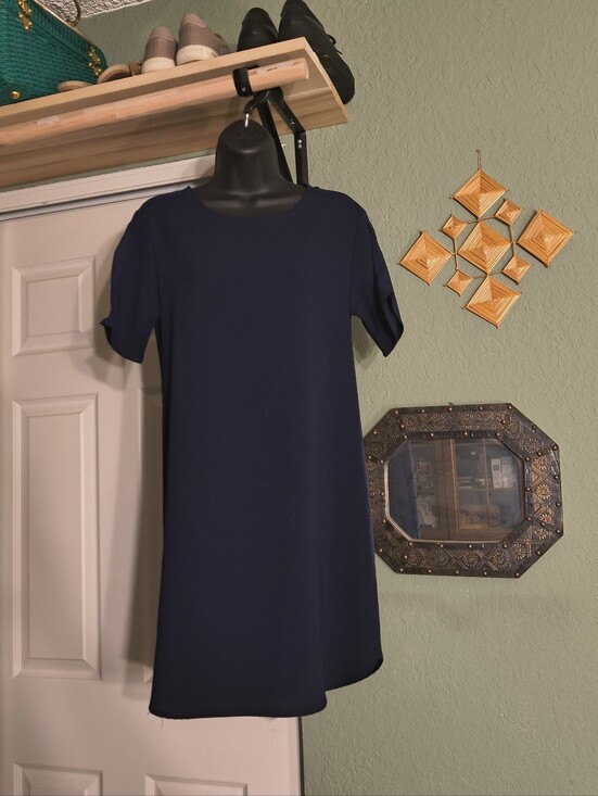 Everly Dresses & Skirts - Everly Navy Blue Sheer Mesh Shoulder Shift Dress Short Sleeve Size S